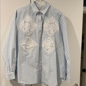 Sezane Blue and White Striped women’s  Shirt with Lace Accents